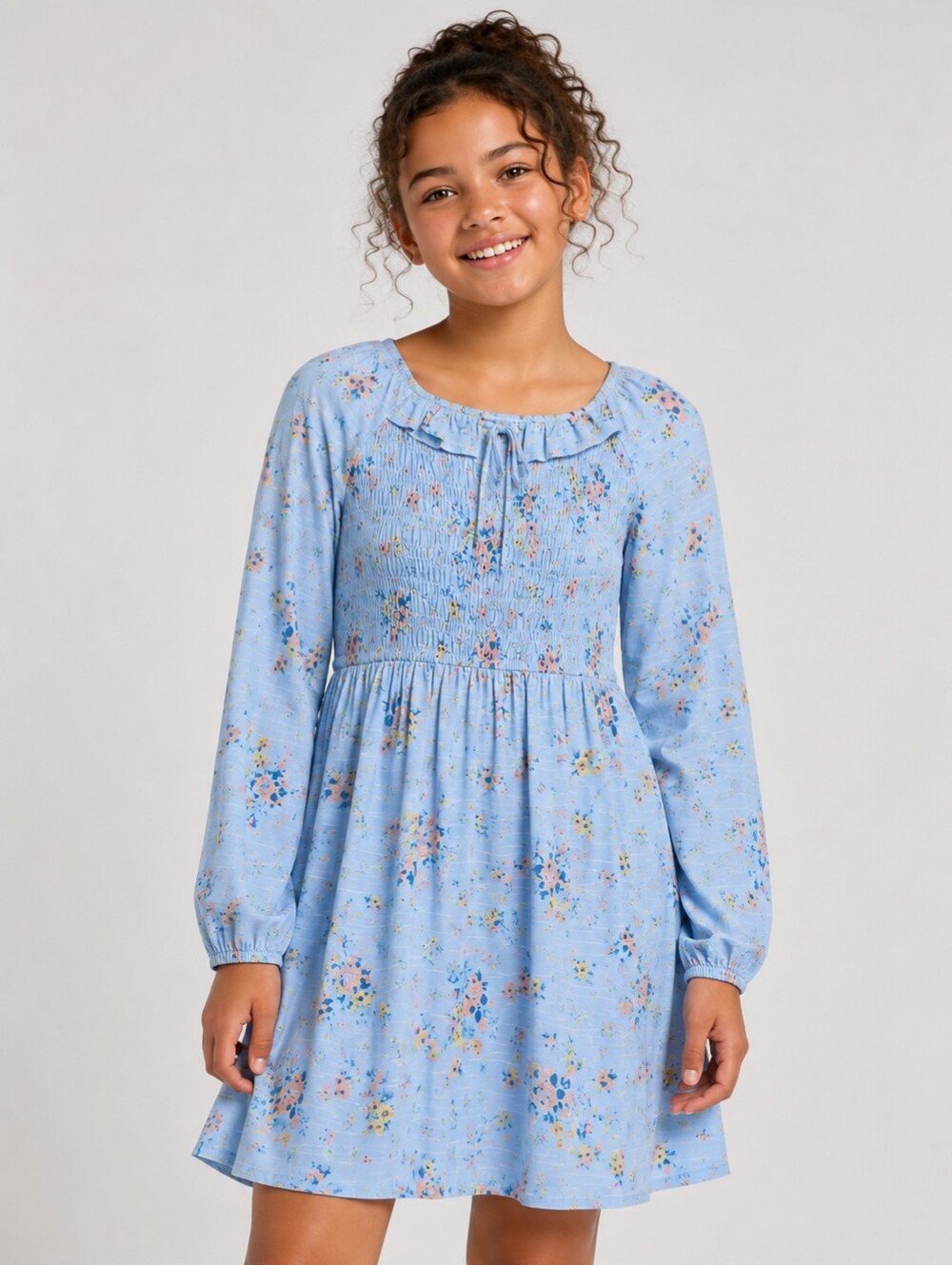 Girls Blue Floral Smocked Dress Size M (10/12) Long Sleeve